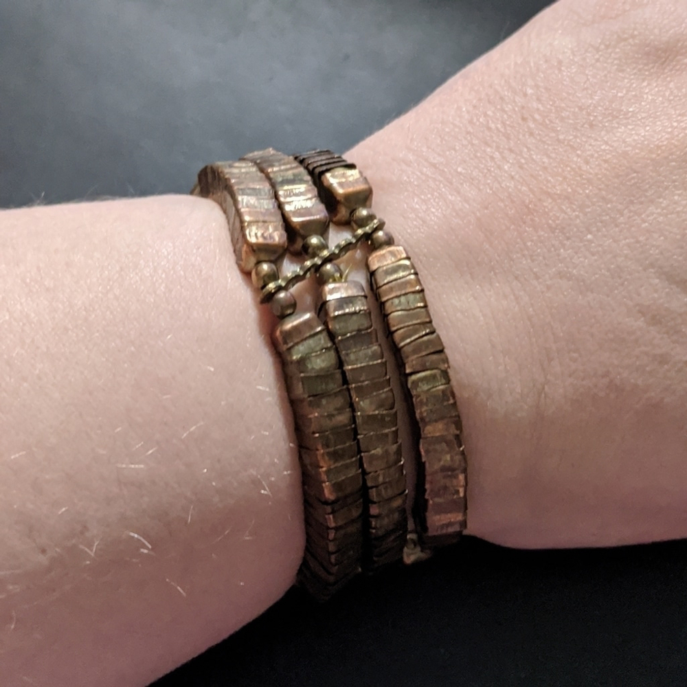 Copper Tone Square Metal Beaded Multi Strand Stretchy Statement Bracelet